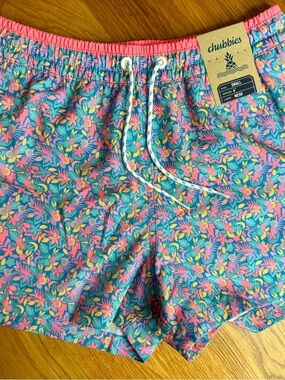 NWT chubbies Teal Floral Swim Trunks with Coral Waistband